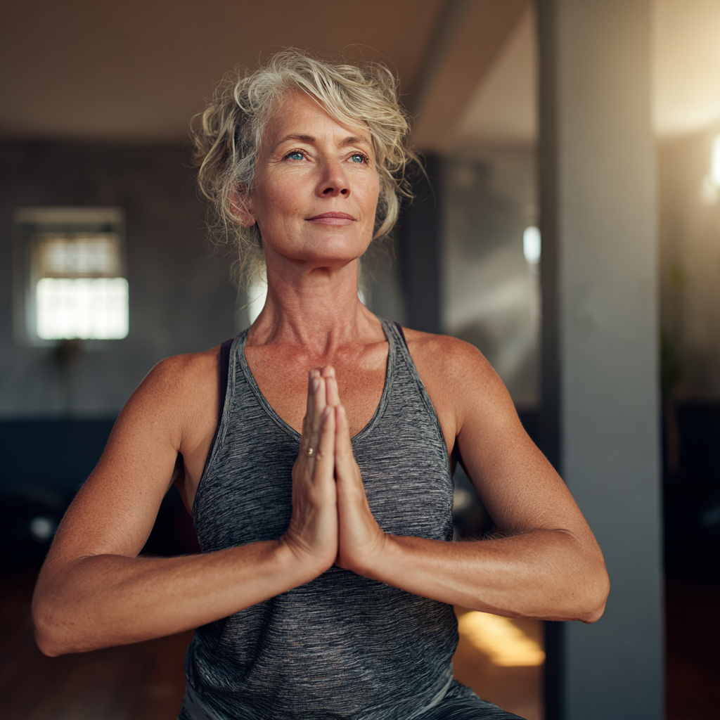 Mature woman practicing yoga poses in peaceful studio environment