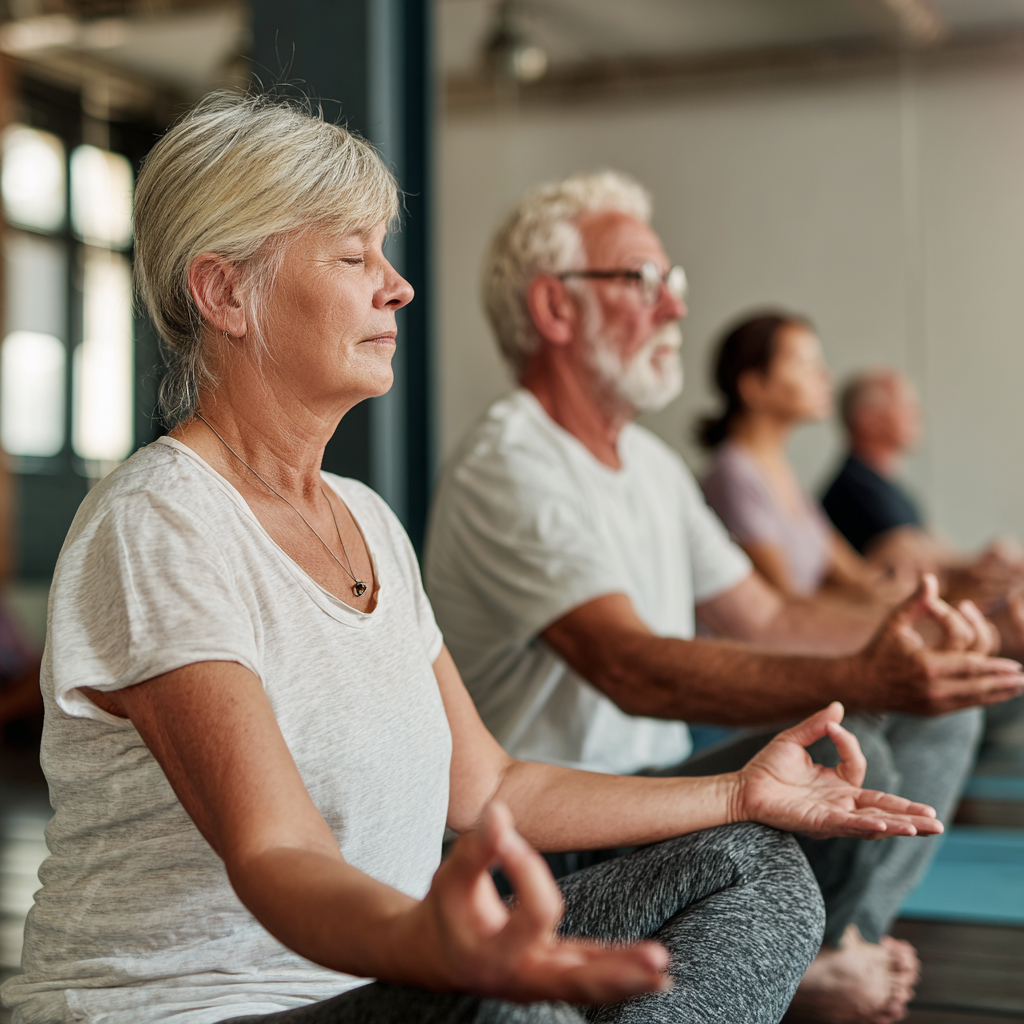 Senior adults participating in gentle yoga class together